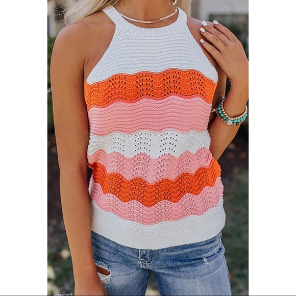 Tops - Trendy Crochet Color Block Tank Top